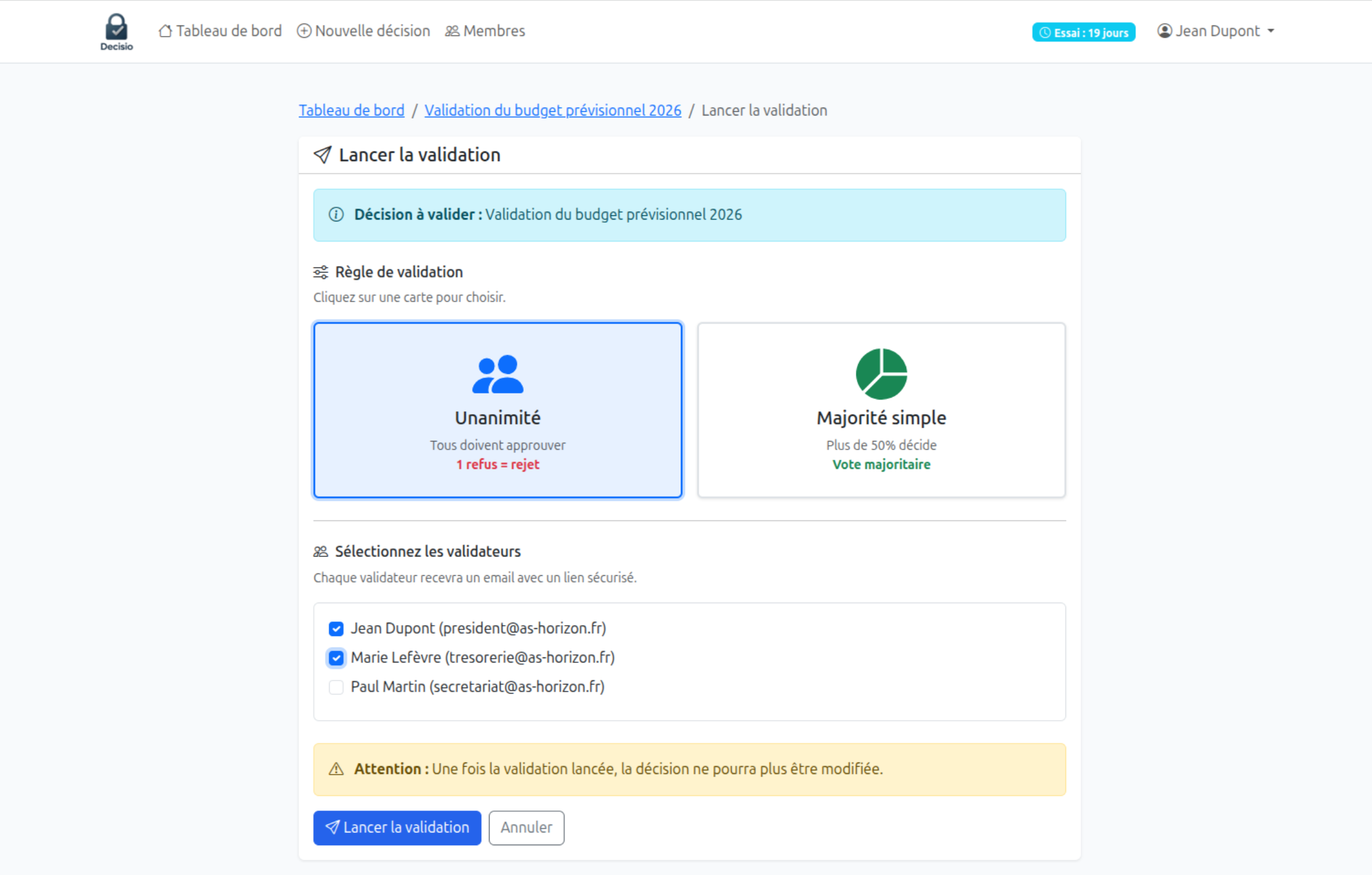 Lancer la validation