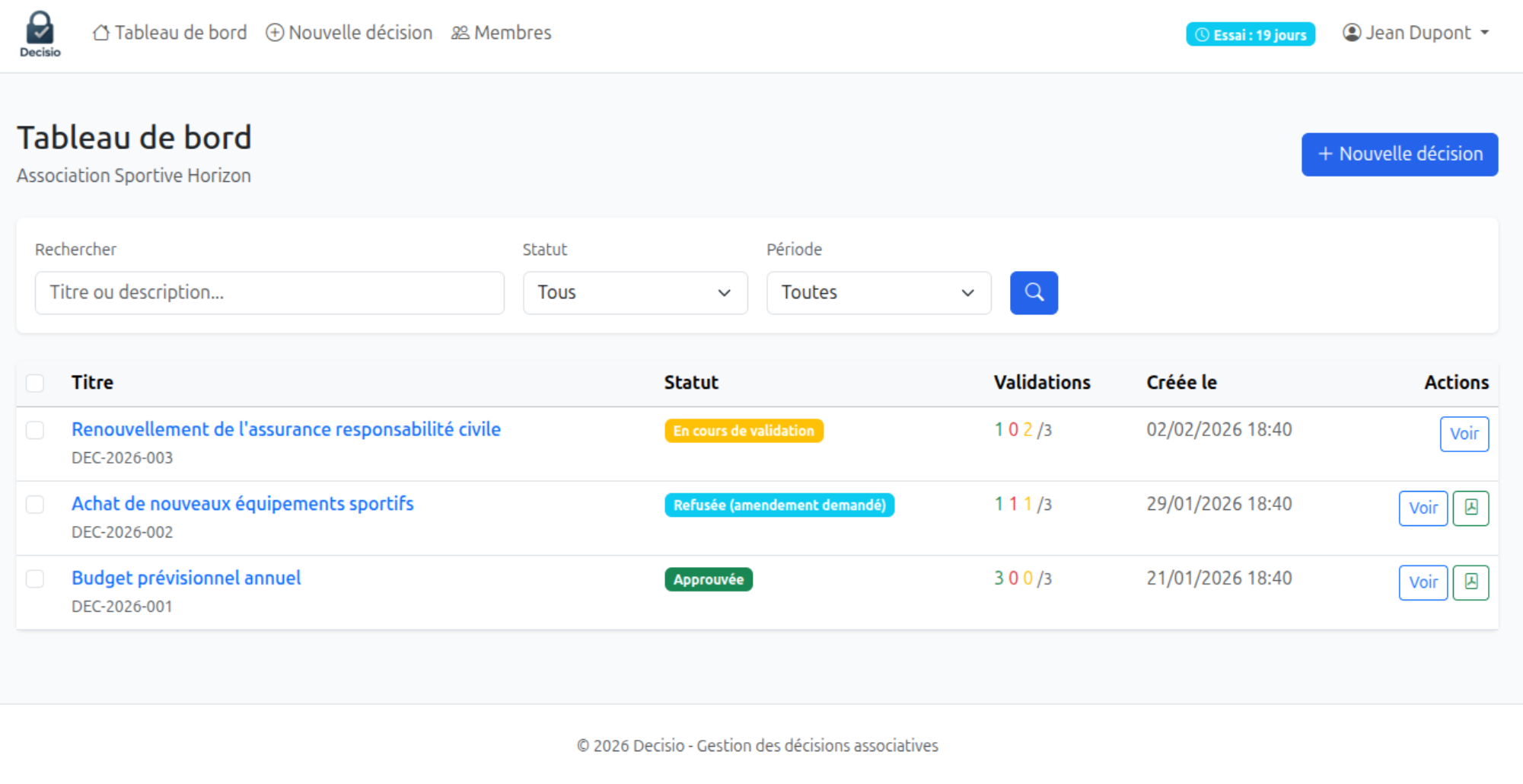 Tableau de bord Decisio