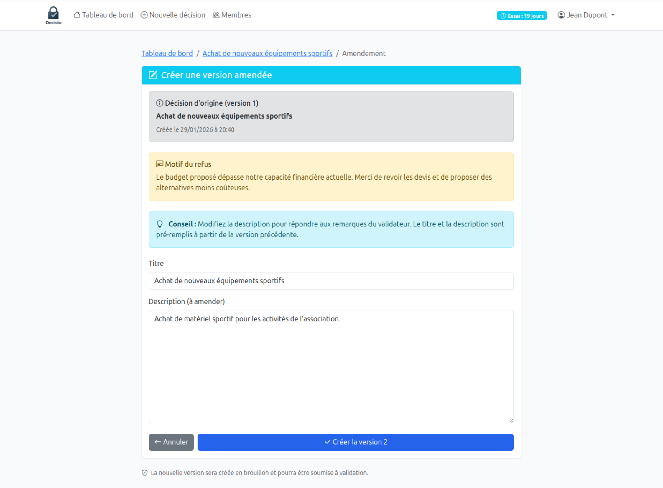 Créer une version amendée